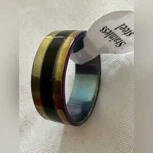 Stainless Steel Men's Multicolor Ring - Iridescent Black Accent sz 7